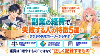 副業の経費で失敗する人の特徴5選を紹介するSHIPPAI.JPの記事アイキャッチ。まなぶとみらいのイラスト付き