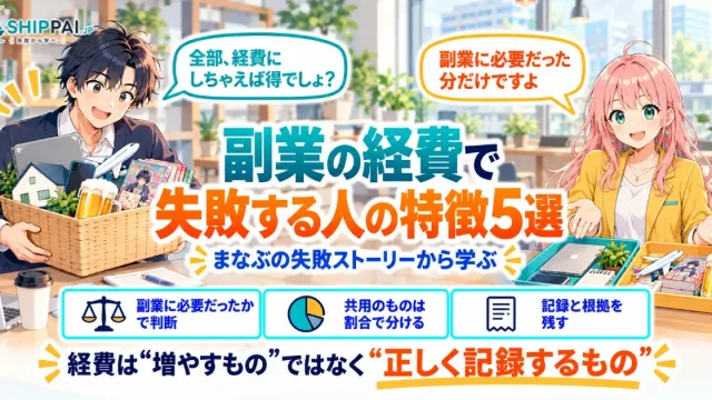 副業の経費で失敗する人の特徴5選を紹介するSHIPPAI.JPの記事アイキャッチ。まなぶとみらいのイラスト付き