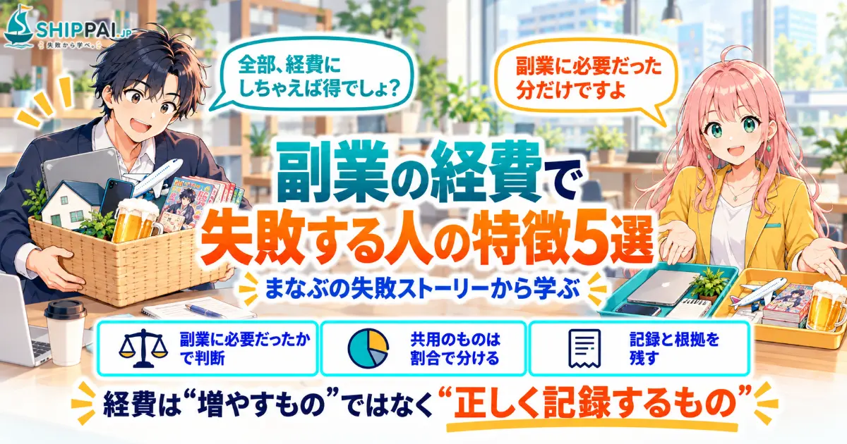 副業の経費で失敗する人の特徴5選を紹介するSHIPPAI.JPの記事アイキャッチ。まなぶとみらいのイラスト付き