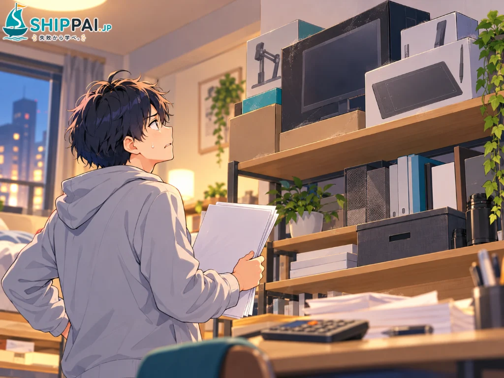 作り直した申告書を手に、経費になるからと買ったまま使っていない機材の箱を見上げて後悔するまなぶのイラスト