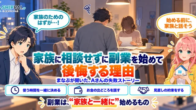 家族に相談せずに副業を始めて後悔する理由を紹介するSHIPPAI.JPの記事アイキャッチ。まなぶとみらいのイラスト付き