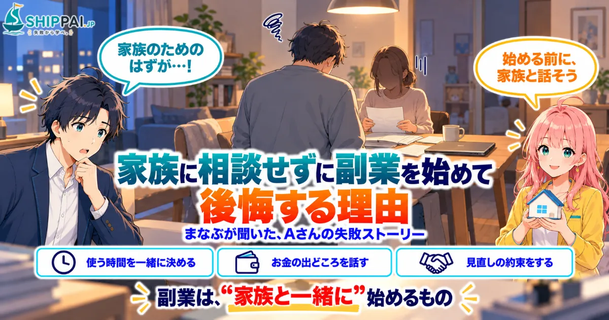 家族に相談せずに副業を始めて後悔する理由を紹介するSHIPPAI.JPの記事アイキャッチ。まなぶとみらいのイラスト付き