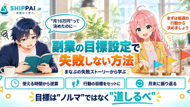 副業の目標設定で失敗しない方法を紹介するSHIPPAI.JPの記事アイキャッチ。まなぶとみらいのイラスト付き