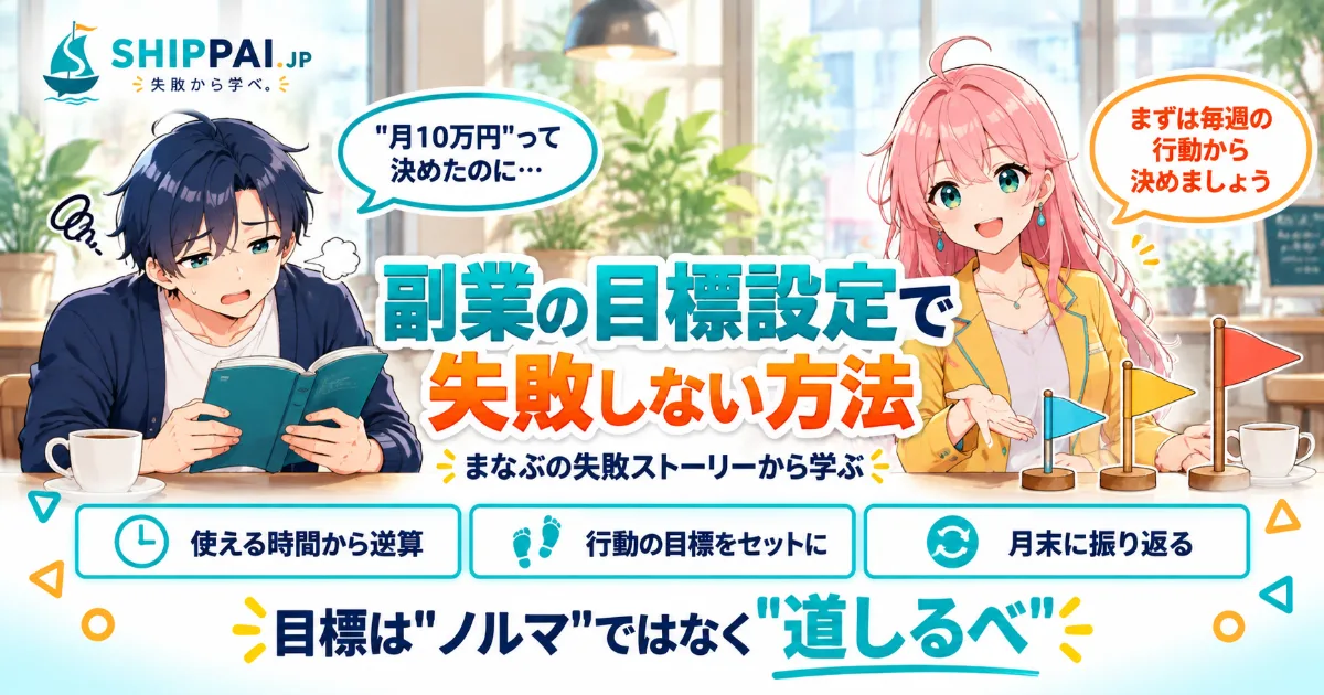 副業の目標設定で失敗しない方法を紹介するSHIPPAI.JPの記事アイキャッチ。まなぶとみらいのイラスト付き