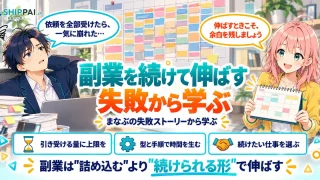 副業を続けて伸ばす失敗から学ぶポイントを紹介するSHIPPAI.JPの記事アイキャッチ。まなぶとみらいのイラスト付き
