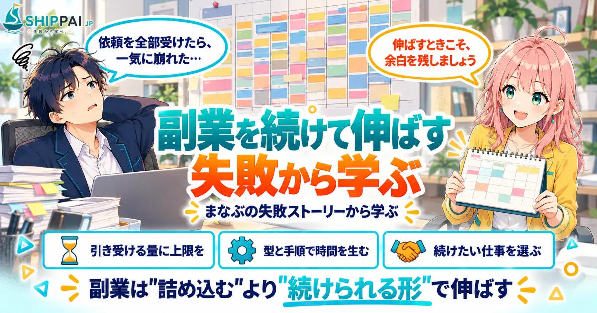 副業を続けて伸ばす失敗から学ぶポイントを紹介するSHIPPAI.JPの記事アイキャッチ。まなぶとみらいのイラスト付き