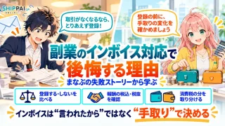 副業のインボイス対応で後悔する理由を紹介するSHIPPAI.JPの記事アイキャッチ。まなぶとみらいのイラスト付き