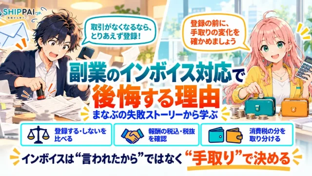 副業のインボイス対応で後悔する理由を紹介するSHIPPAI.JPの記事アイキャッチ。まなぶとみらいのイラスト付き