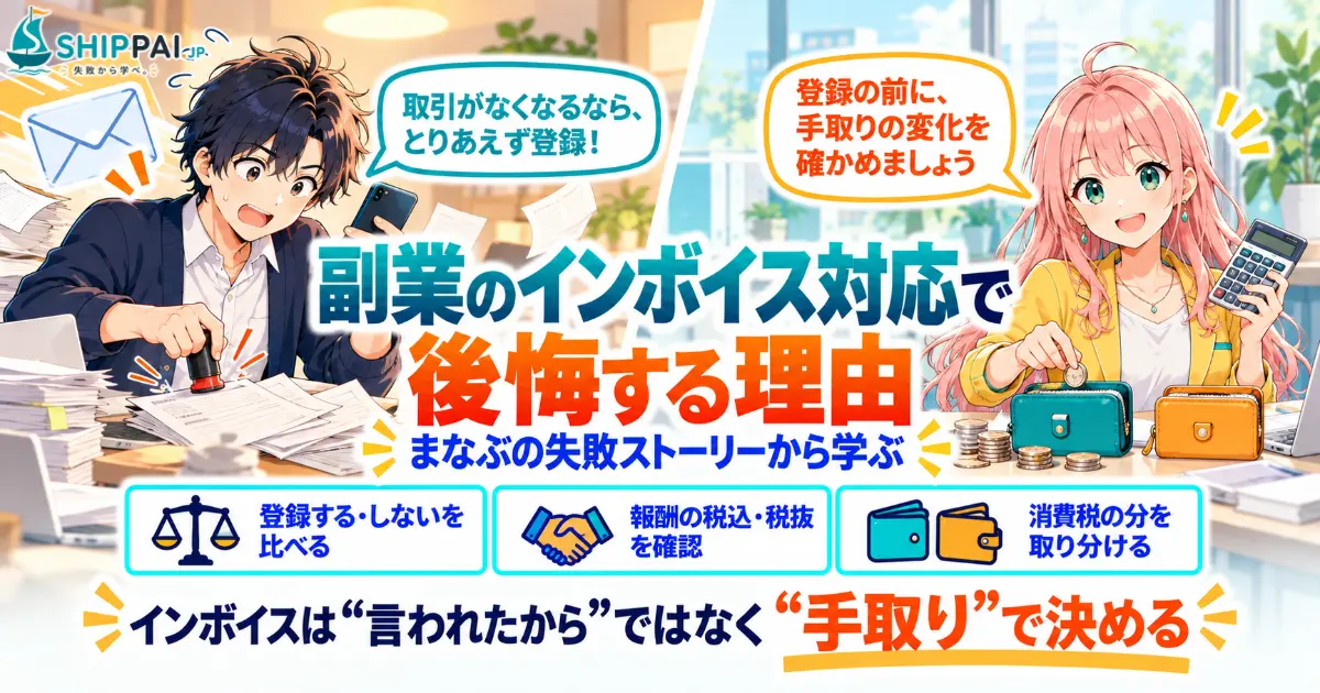 副業のインボイス対応で後悔する理由を紹介するSHIPPAI.JPの記事アイキャッチ。まなぶとみらいのイラスト付き