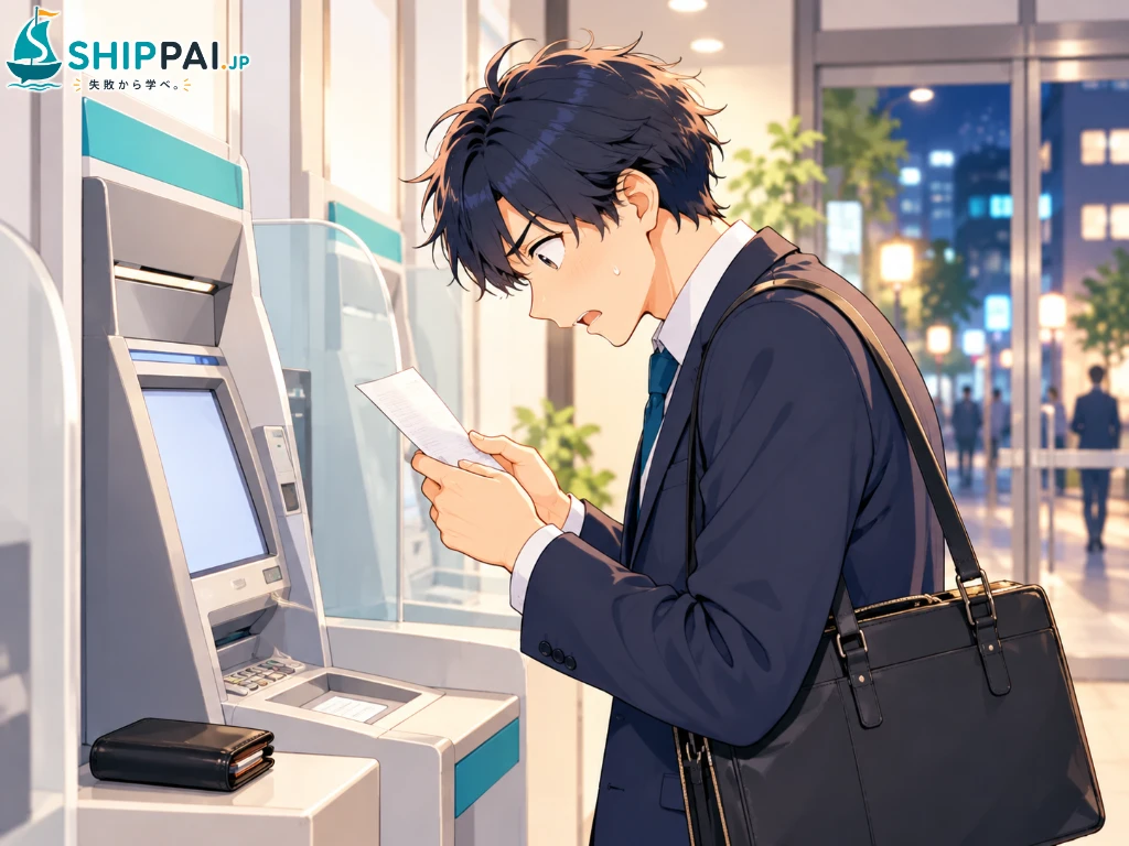 夜の銀行のATMで副業用口座の明細を見て、消費税を払うためのお金が足りないことに気づき固まるまなぶのイラスト