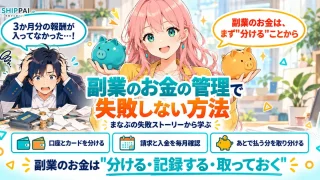 副業のお金の管理で失敗しない方法を紹介するSHIPPAI.JPの記事アイキャッチ。まなぶとみらいのイラスト付き