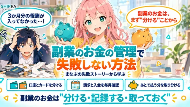 副業のお金の管理で失敗しない方法を紹介するSHIPPAI.JPの記事アイキャッチ。まなぶとみらいのイラスト付き