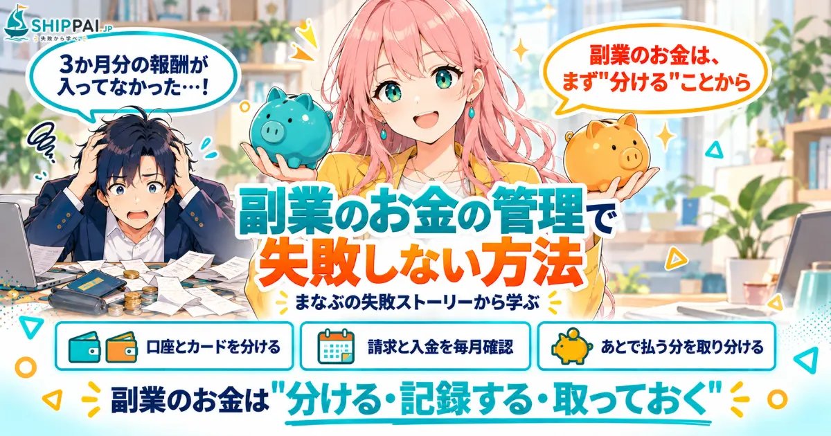 副業のお金の管理で失敗しない方法を紹介するSHIPPAI.JPの記事アイキャッチ。まなぶとみらいのイラスト付き