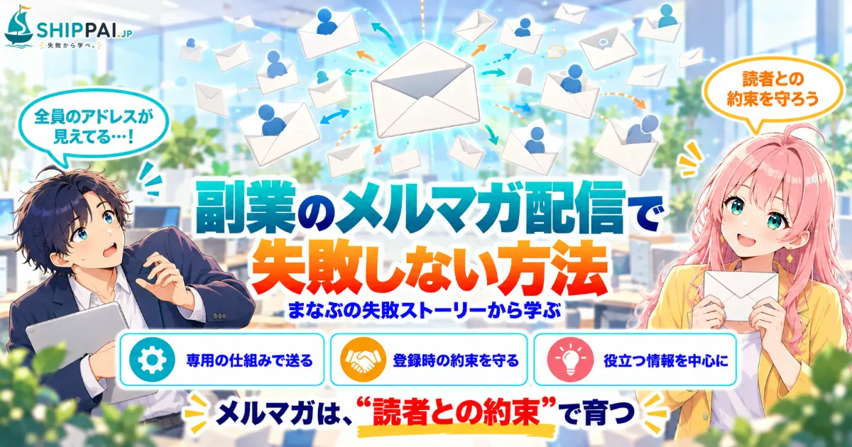 副業のメルマガ配信で失敗しない方法を紹介するSHIPPAI.JPの記事アイキャッチ。まなぶとみらいのイラスト付き