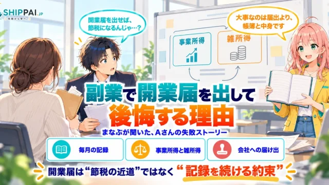 副業で開業届を出して後悔する理由を紹介するSHIPPAI.JPの記事アイキャッチ。まなぶとみらいのイラスト付き