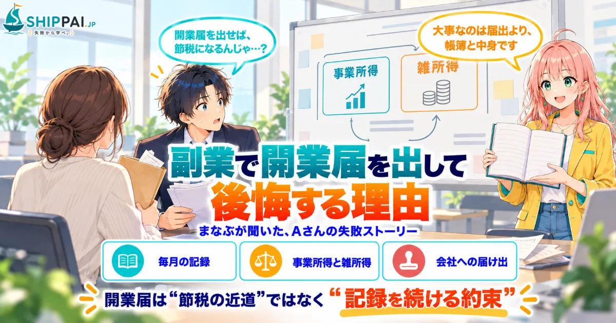 副業で開業届を出して後悔する理由を紹介するSHIPPAI.JPの記事アイキャッチ。まなぶとみらいのイラスト付き