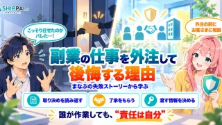 副業の仕事を外注して後悔する理由を紹介するSHIPPAI.JPの記事アイキャッチ。まなぶとみらいのイラスト付き