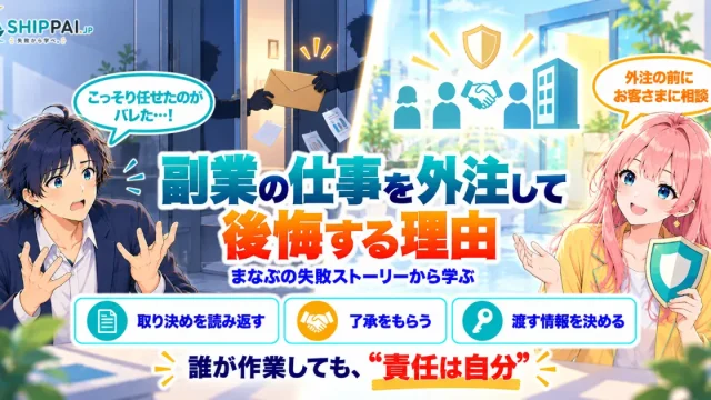 副業の仕事を外注して後悔する理由を紹介するSHIPPAI.JPの記事アイキャッチ。まなぶとみらいのイラスト付き