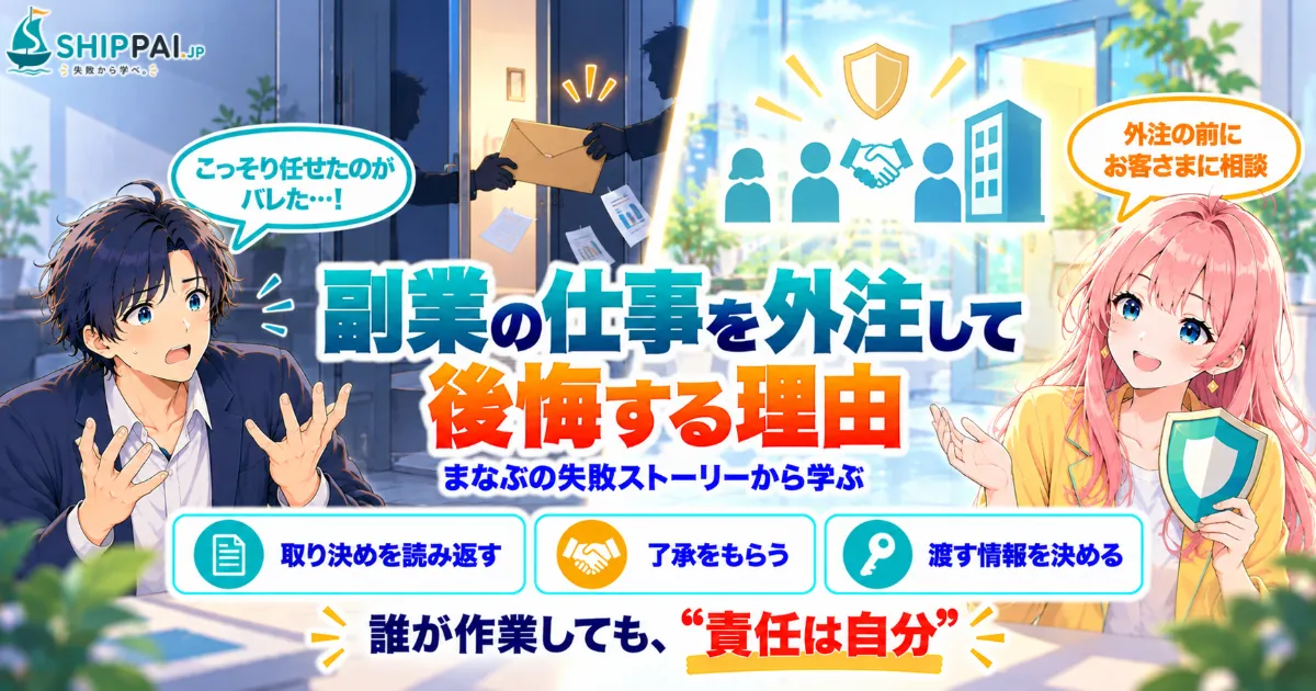 副業の仕事を外注して後悔する理由を紹介するSHIPPAI.JPの記事アイキャッチ。まなぶとみらいのイラスト付き