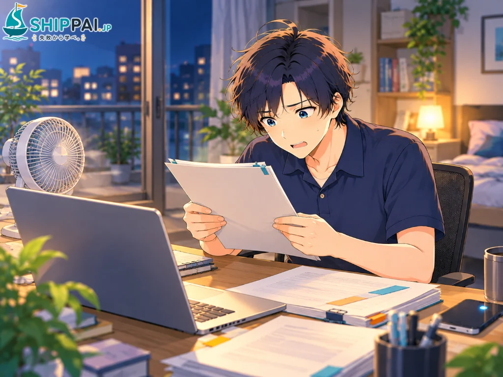 夏の夜の部屋で、お客さまとの取り決めの書類を読み返し、外注のルールに気づいて青ざめるまなぶのイラスト