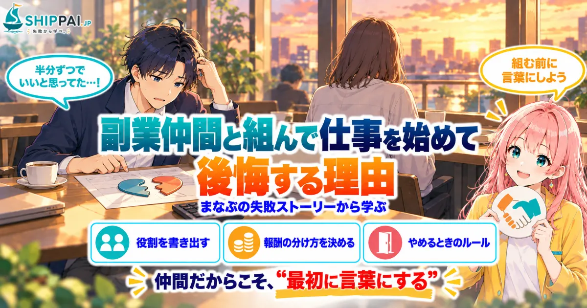 副業仲間と組んで仕事を始めて後悔する理由を紹介するSHIPPAI.JPの記事アイキャッチ。まなぶとみらいのイラスト付き