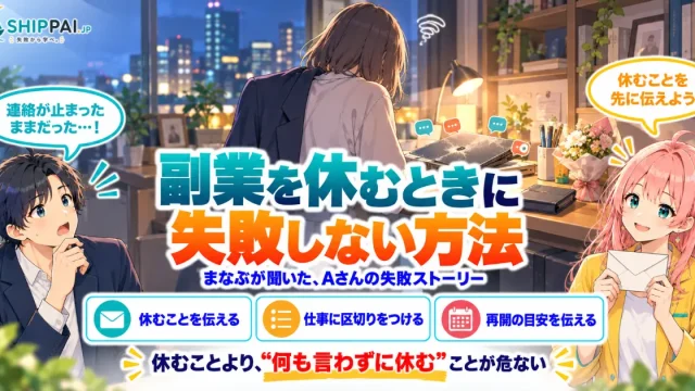 副業を休むときに失敗しない方法を紹介するSHIPPAI.JPの記事アイキャッチ。まなぶとみらいのイラスト付き