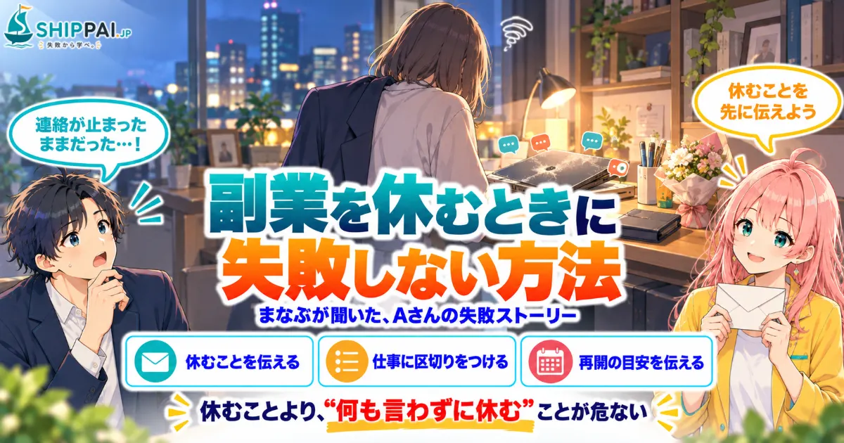 副業を休むときに失敗しない方法を紹介するSHIPPAI.JPの記事アイキャッチ。まなぶとみらいのイラスト付き