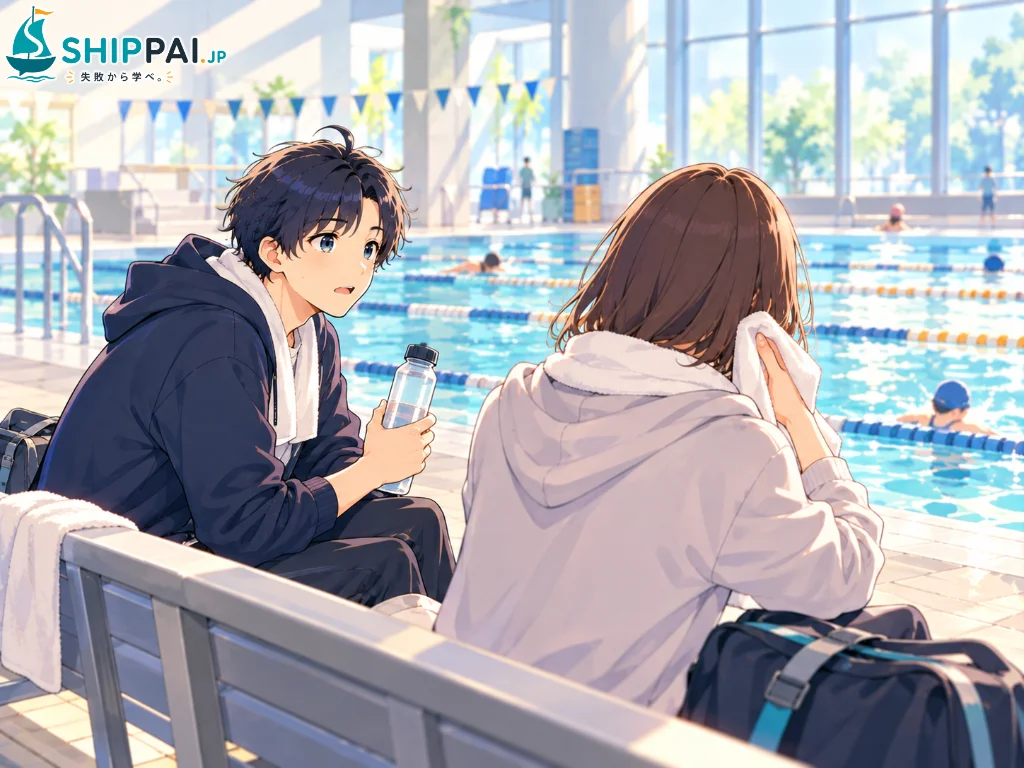 市民プールのプールサイドのベンチで、Aさんから副業を休んだときの失敗談を聞くまなぶのイラスト