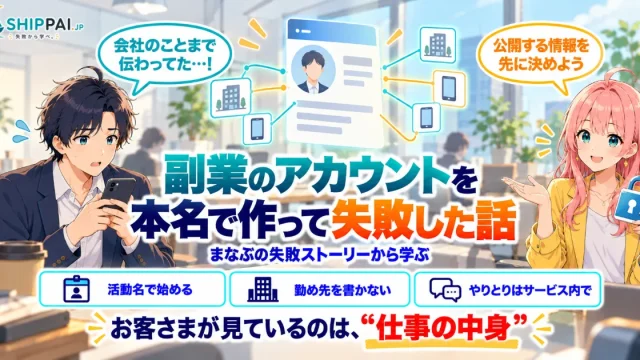 副業のアカウントを本名で作って失敗した話を紹介するSHIPPAI.JPの記事アイキャッチ。まなぶとみらいのイラスト付き