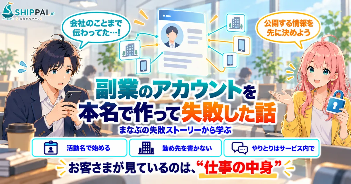 副業のアカウントを本名で作って失敗した話を紹介するSHIPPAI.JPの記事アイキャッチ。まなぶとみらいのイラスト付き
