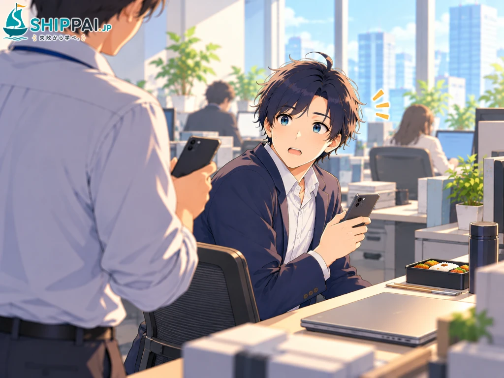 昼休みの自席で、副業のプロフィールを見つけた同僚に声をかけられ、驚いて振り返るまなぶのイラスト