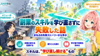 副業のスキルを学び直さずに失敗した話を紹介するSHIPPAI.JPの記事アイキャッチ。まなぶとみらいのイラスト付き