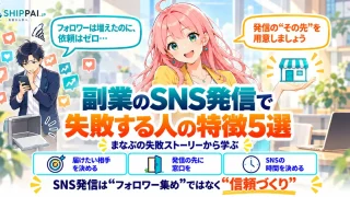 副業のSNS発信で失敗する人の特徴5選を紹介するSHIPPAI.JPの記事アイキャッチ。まなぶとみらいのイラスト付き