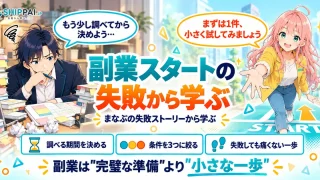 副業スタートの失敗から学ぶポイントを紹介するSHIPPAI.JPの記事アイキャッチ。まなぶとみらいのイラスト付き