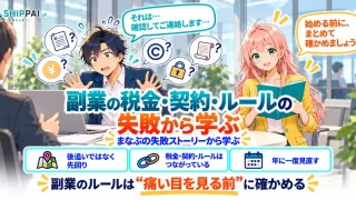 副業の税金・契約・ルールの失敗から学ぶを紹介するSHIPPAI.JPの記事アイキャッチ。まなぶとみらいのイラスト付き