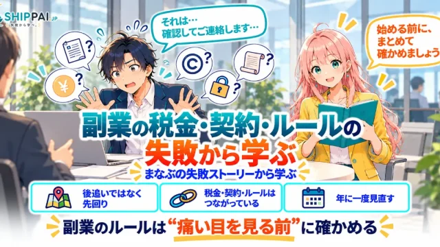 副業の税金・契約・ルールの失敗から学ぶを紹介するSHIPPAI.JPの記事アイキャッチ。まなぶとみらいのイラスト付き