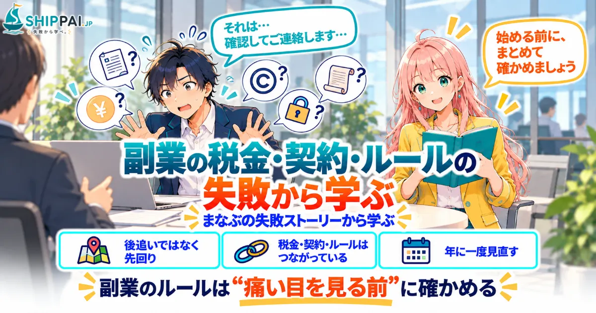 副業の税金・契約・ルールの失敗から学ぶを紹介するSHIPPAI.JPの記事アイキャッチ。まなぶとみらいのイラスト付き