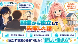 副業から独立して失敗した話を紹介するSHIPPAI.JPの記事アイキャッチ。まなぶとみらいのイラスト付き