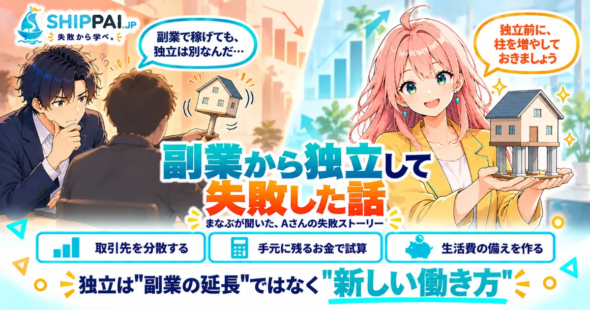 副業から独立して失敗した話を紹介するSHIPPAI.JPの記事アイキャッチ。まなぶとみらいのイラスト付き