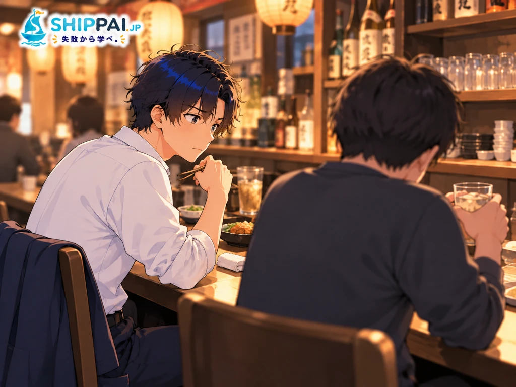 駅前の居酒屋のカウンター席で、独立した友人の話に真剣に聞き入るまなぶのイラスト