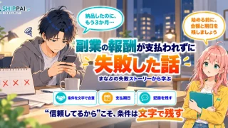 副業の報酬が支払われずに失敗した話を紹介するSHIPPAI.JPの記事アイキャッチ。まなぶとみらいのイラスト付き