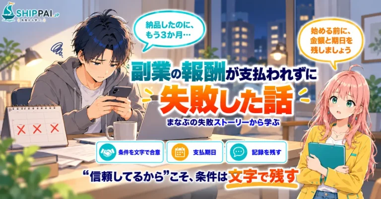 副業の報酬が支払われずに失敗した話を紹介するSHIPPAI.JPの記事アイキャッチ。まなぶとみらいのイラスト付き