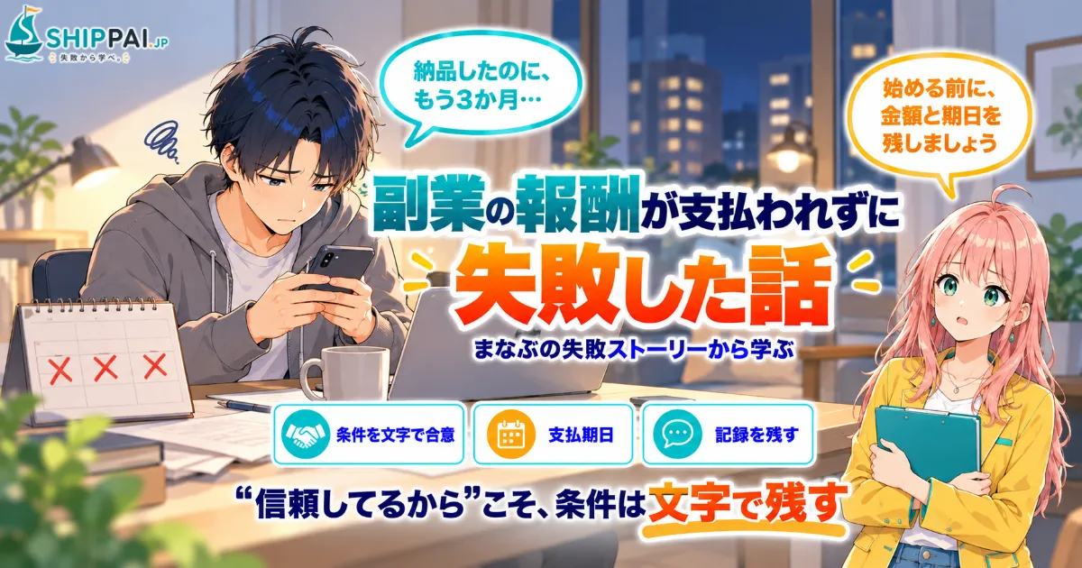 副業の報酬が支払われずに失敗した話を紹介するSHIPPAI.JPの記事アイキャッチ。まなぶとみらいのイラスト付き