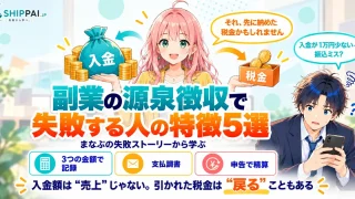 副業の源泉徴収で失敗する人の特徴5選を紹介するSHIPPAI.JPの記事アイキャッチ。まなぶとみらいのイラスト付き