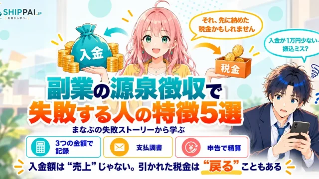 副業の源泉徴収で失敗する人の特徴5選を紹介するSHIPPAI.JPの記事アイキャッチ。まなぶとみらいのイラスト付き