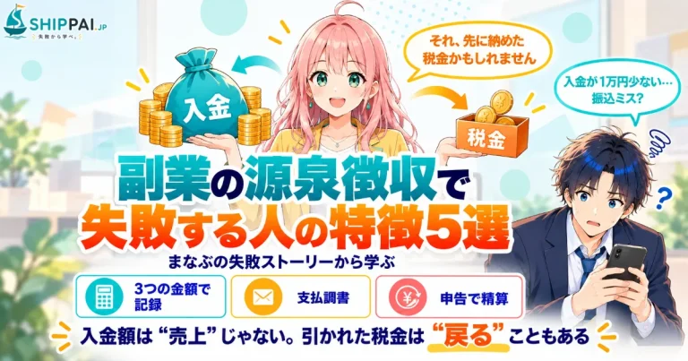 副業の源泉徴収で失敗する人の特徴5選を紹介するSHIPPAI.JPの記事アイキャッチ。まなぶとみらいのイラスト付き