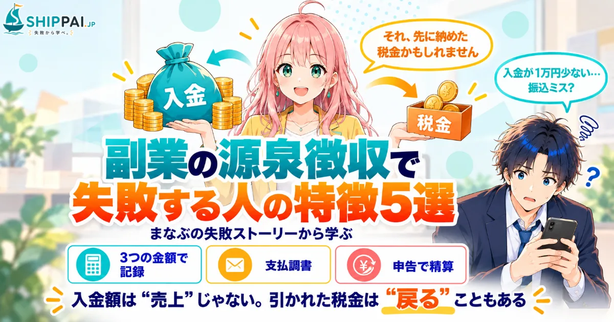 副業の源泉徴収で失敗する人の特徴5選を紹介するSHIPPAI.JPの記事アイキャッチ。まなぶとみらいのイラスト付き