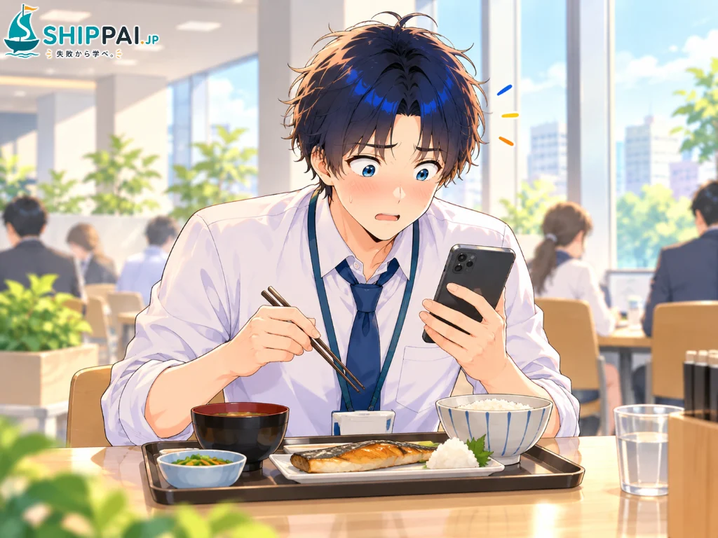 社員食堂でスマホに届いた取引先の返信を読み、源泉徴収の勘違いに気づいて赤面するまなぶのイラスト
