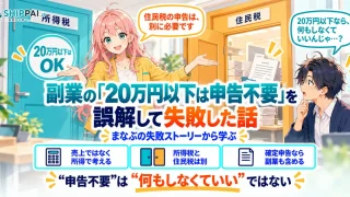 副業の20万円以下は申告不要を誤解して失敗した話を紹介するSHIPPAI.JPの記事アイキャッチ。まなぶとみらいのイラスト付き