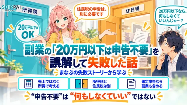 副業の20万円以下は申告不要を誤解して失敗した話を紹介するSHIPPAI.JPの記事アイキャッチ。まなぶとみらいのイラスト付き